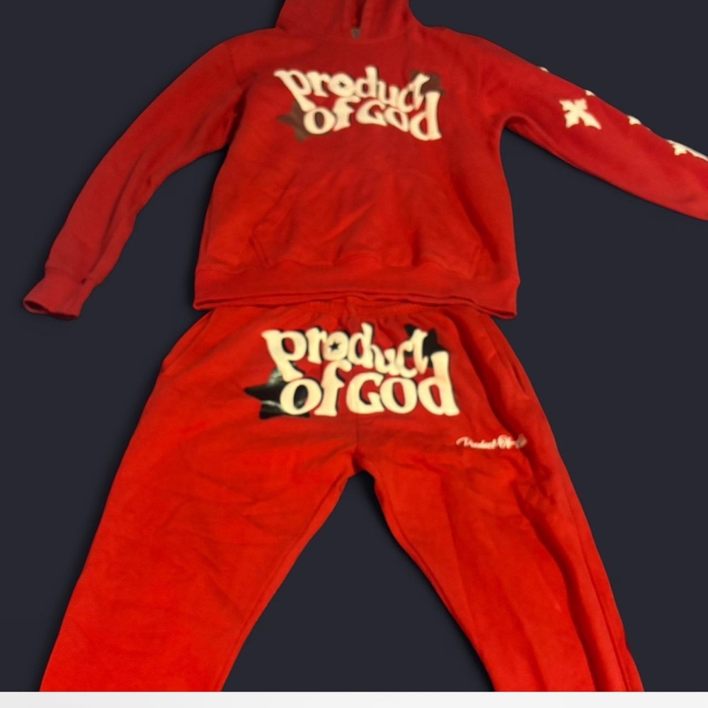 Red 'Product of God' Hoodie and Sweatpants Set